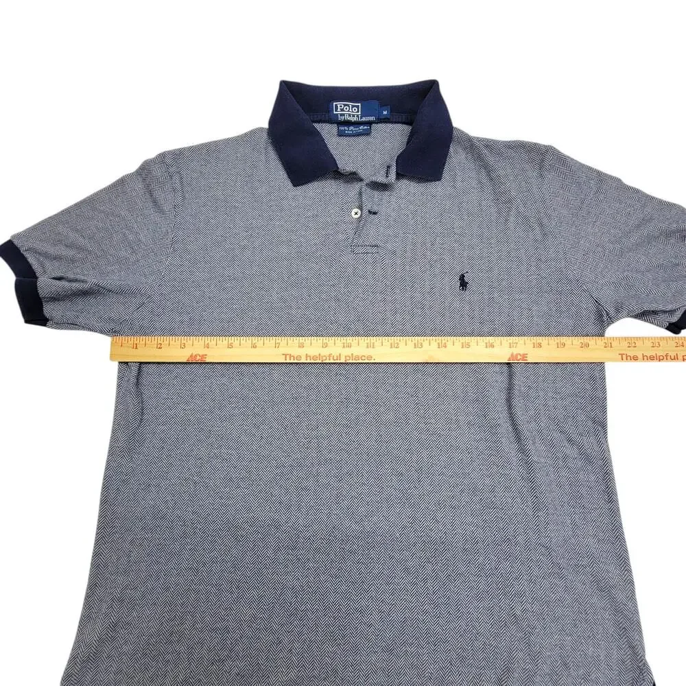 Polo Ralph Lauren Mens Medium Blue Herringbone Pima Cotton Short Sleeve Polo